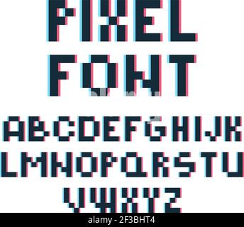 Pixelschriftart. Retro Video Spiel 80s vintage Computer Typografie Buchstaben und Zahlen Vektor Schrift Verzerrung Stock Vektor