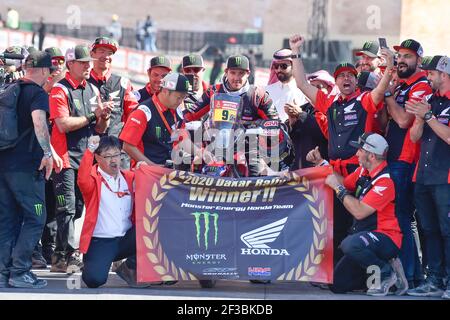 09 Brabec Ricky (usa), Honda, Monster Energy Honda Team 2020, Moto, Bike, Motul, Ambiente auf dem Podium bei der Ankunft der Dakar 2020, in Qiddiya, Saudi-Arabien, am 17. Januar 2020 - Foto DPPI Stockfoto