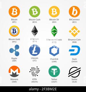 Neun beliebte Kryptowährungs-Vektor-Symbole. Kryptowährungssymbole auf weißem Hintergrund isoliert. Stock Vektor