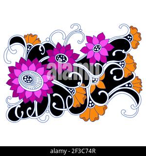 Böhmisches Blumenmuster mit Fantasie stilisierten Blumen. Farbenfroh bedruckte handgezeichnete Elemente. Vektordarstellung. Stock Vektor