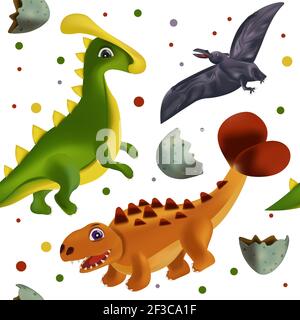 Niedliches Dinosaurier-Muster auf weißem Hintergrund. Dinosaurier-Druck für Ihr Design Textil, Tapeten, Stoff, Plakate. Lustige Grafiken Dinosaurier . Vektorgrafik. Stock Vektor