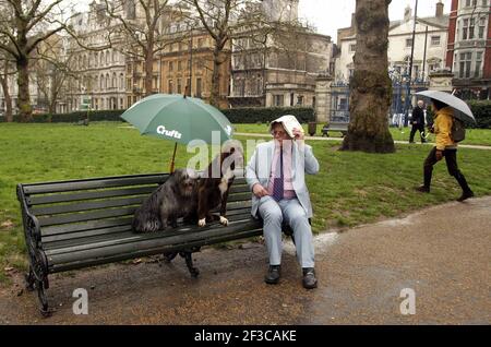 NATIONALE MARKTEINFÜHRUNG VON CRUFTS 2007 im NEC Birmingham 8th. - 11th. März statt. Fotoanruf im Green Park in London. Katie (Pyrean Sheepdog) und Eris (deutscher Langhaarpointer) warten vor den Kameras auf ihre Wendung. Bild David Sandison Stockfoto