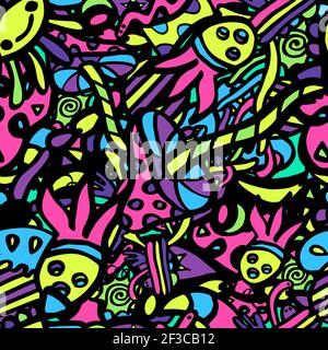 Abstraktes Nahtloses Muster mit fantastischen Meerestieren und geometrischen Figuren. Hand gezeichnet psychodelic nahtlose Muster für Karten, Einladung, Tapeten, Stock Vektor