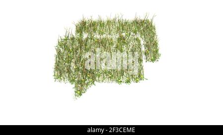 3D gerendertes Grasfeld mit bunten Blumen in Form von Symbol von zwei rechteckigen abgerundeten Chat-Blasen mit Boden isoliert Auf weißem Hintergrund Stockfoto