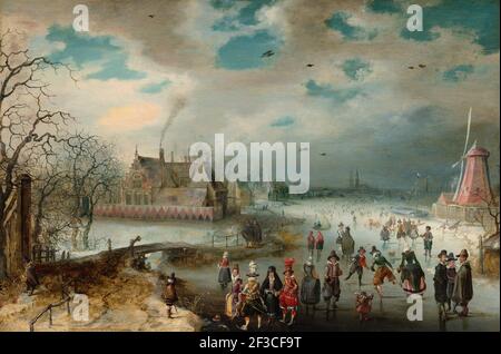 Schlittschuhlaufen auf der gefrorenen Amstel, 1611. Stockfoto