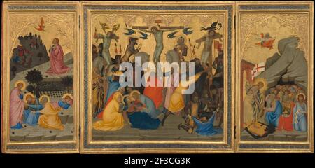 Szenen aus der Passion Christi: Die Qual im Garten, die Kreuzigung und der Abstieg in den Limbo [gesamtes Triptychon], 1380s. Stockfoto