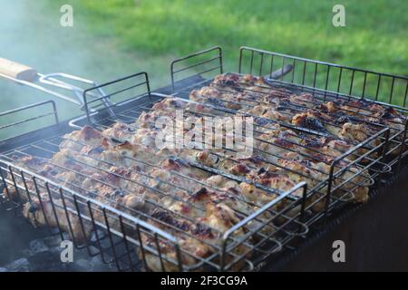 Köstliche, saftige Hähnchenstücke auf dem Grill gebraten. Nahaufnahme. Stockfoto