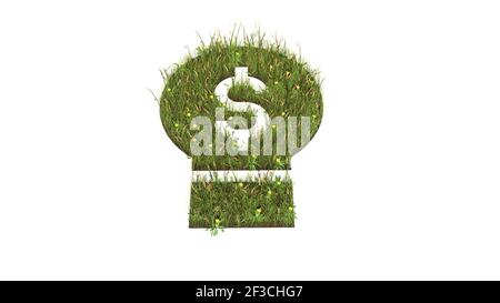 3D gerendertes Grasfeld mit bunten Blumen in Form von Symbol der Glühbirne mit Dollar-Symbol innen mit Erde isoliert Auf weißem Hintergrund Stockfoto