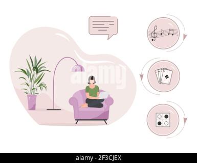 Vektor-Illustration Frau mit Laptop für wählt Wahl der Online-Unterhaltung Hören Sie Musik, spielen Online-Spiel Spielkarten Entspannung zu Hause lif Stock Vektor