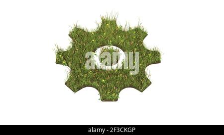 3D gerendertes Grasfeld mit bunten Blumen in Form von Symbol der Zahnrad mit Boden isoliert auf weißem Hintergrund Stockfoto