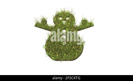 3D gerendertes Grasfeld mit bunten Blumen in Form von Symbol des Schneemanns mit Boden isoliert auf weißem Hintergrund Stockfoto