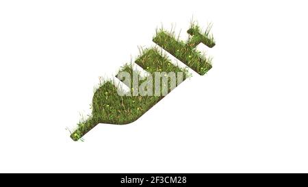 3D gerendertes Grasfeld mit bunten Blumen in Form von Symbol der Injektion mit Erde isoliert auf weißem Hintergrund Stockfoto