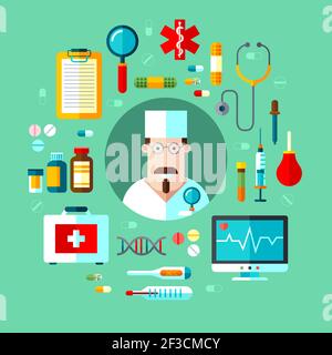 Vektor-Satz von Symbolen medizinische Geräte Instrument Pillen und Arzt Stock Vektor