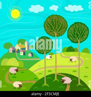 Vektor flache Landschaft mit Häusern Bäume und Schafe. Schöne Bauernhäuser und Felder. Stock Vektor