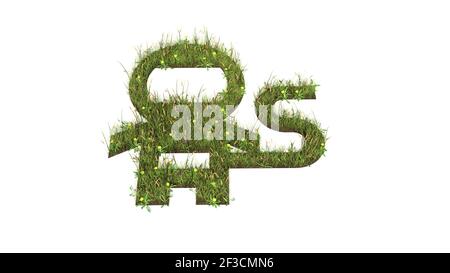 3D gerendertes Grasfeld mit bunten Blumen in Form von Symbol der Astronaut winzige Person in Raumanzug mit Boden isoliert Auf weißem Hintergrund Stockfoto