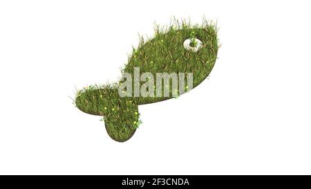 3D gerendertes Grasfeld mit bunten Blumen in Form von Symbol von Fisch mit Erde isoliert auf weißem Hintergrund Stockfoto