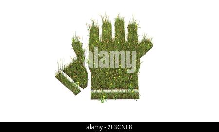 3D gerendertes Grasfeld mit bunten Blumen in Form von Symbol der Handschuhe mit Erde isoliert auf weißem Hintergrund Stockfoto