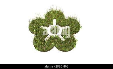 3D gerendertes Grasfeld mit bunten Blumen in Form von Symbol der Blume mit Boden isoliert auf weißem Hintergrund Stockfoto