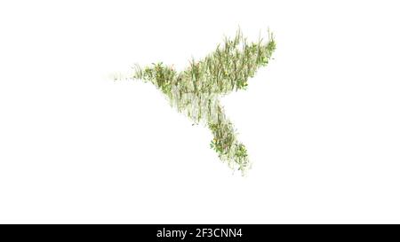 3D gerendertes Grasfeld mit bunten Blumen in Form von Symbol des winzigen fliegenden Kolibris mit Boden isoliert auf weiß Hintergrund Stockfoto
