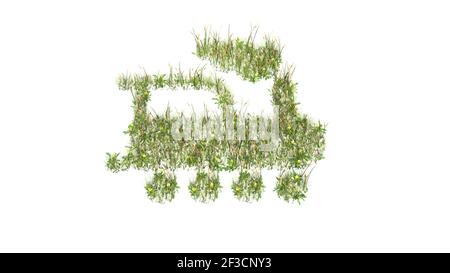 3D gerendertes Grasfeld mit bunten Blumen in Form von Symbol der alten Lokomotive mit Rauch mit abgeschotteten Boden Weißer Hintergrund Stockfoto