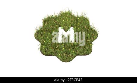 3d rendered grass field with colorful flowers in shape of symbol of manual camera letter character with ground isolated on white background Stockfoto