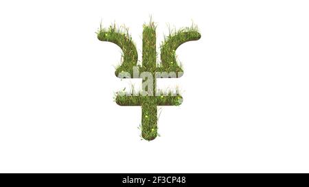 3D gerendertes Grasfeld mit bunten Blumen in Form von Symbol des Neptun Symbol mit Erde isoliert auf weißem Hintergrund Stockfoto