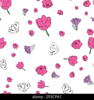 Vektor weiß Hintergrund weiß rosa lila Farbe Tulpen, florale nahtlose Muster. Nahtloses Muster Hintergrund Stock Vektor