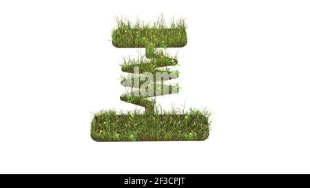 3D gerendertes Grasfeld mit bunten Blumen in Form von Symbol des Frühlings mit Erde isoliert auf weißem Hintergrund Stockfoto