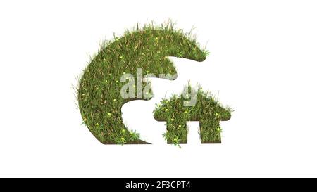 3D gerendertes Grasfeld mit bunten Blumen in Form von Symbol der Tsunami-Welle mit Haus mit Erde isoliert auf Weißer Hintergrund Stockfoto