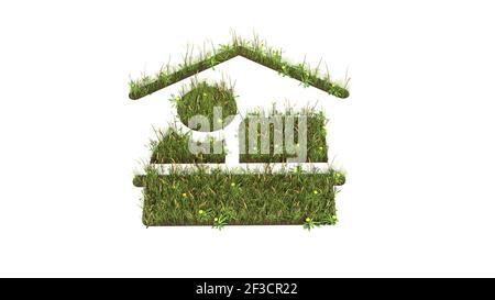 3D gerendert Grasfeld mit bunten Blumen in Form eines Symbols der Arbeit zu Hause Person und Computer, Home Office mit Boden isoliert auf weißem Bac Stockfoto