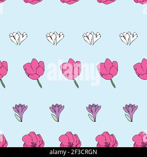 Vektor blau Hintergrund weiß rosa lila Farbe Tulpen, florale nahtlose Muster. Nahtloses Muster Hintergrund Stock Vektor