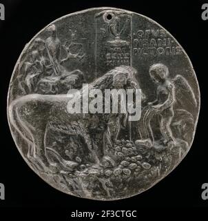 Lion wird von Cupid To Sing unterrichtet [Reverse], 1444. Stockfoto