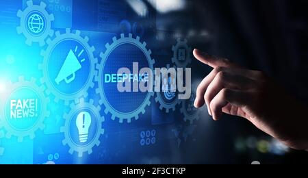 Deep Fake News Künstliche Intelligenz in der Medientechnik Konzept auf Virtueller Bildschirm Stockfoto