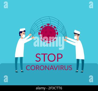 Zwei Ärzte bekämpfen das COVID-19-Coronavirus. Das Gesundheitspersonal versucht, die Coronavirus-Pandemie zu stoppen. Vektorgrafik, in einem flachen Stil. Plakat an die Klinik, das Bild des Virus Stock Vektor