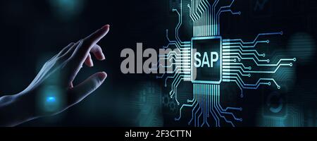 SAP – Software zur Automatisierung von Geschäftsprozessen. ERP Enterprise Resources Planungssystem Konzept auf virtuellem Bildschirm Stockfoto