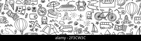 Handgezeichnete Symbole für Reisen in nahtloser horizontaler Umrandung. Webbanner für Urlaub. Vektorgrafik. Stock Vektor