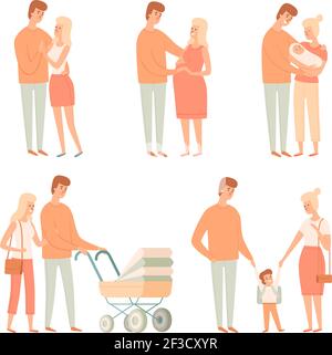 Familienbeziehung. Glückliche Leute Kinder andere Vater Studenten Baby große Familie Vektor Cartoon Bilder Stock Vektor