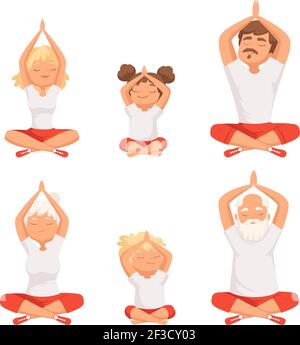 Yoga-Familie. Eltern und Kinder machen Übungen von Yoga und Meditation posieren buddhismus ältere männliche und weibliche Vektor-Bilder Stock Vektor