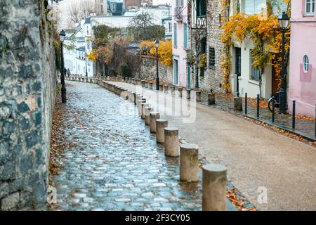 Alte Straße mit Kopfsteinpflaster im Herbst Stockfoto