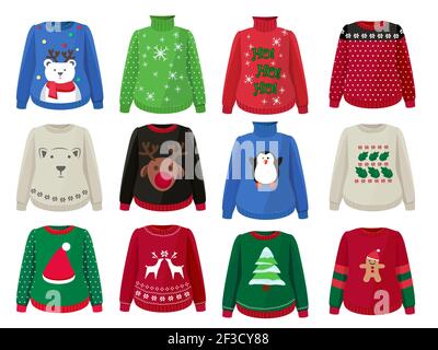 Weihnachtspullover. Lustige hässliche Kleidung mit weihnachtsdekoration Vektor Cartoons Stock Vektor