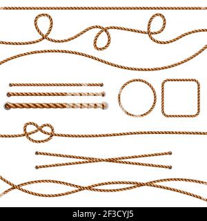 Faserseile. Gerade braun realistische Fäden Seile Kreuzung marine Knoten Vektorbilder Stock Vektor