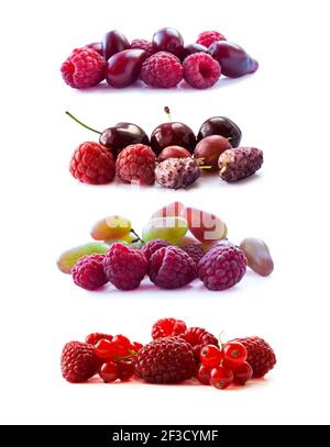 Rosa Beeren isoliert auf weißem Hintergrund. Reife Himbeeren, Kirschen, Maulbeeren, rote Johannisbeeren, rote Beeren und Trauben. Hintergrund der Mischung Beeren mit Stockfoto