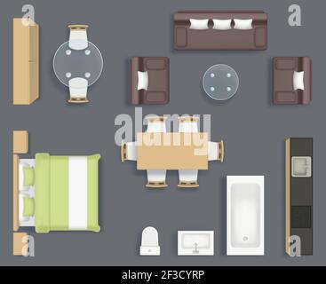 Möbel, Blick von oben. Küche Bad und Wohnzimmer Interieur Objekte Stuhl Couch Tisch Planung realistische Bilder Sammlung Stock Vektor