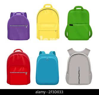 Schulrucksack. College realistische Studenten handliche Gegenstände Gepäck Reise Vektor Sammlung Vorderseite Stock Vektor