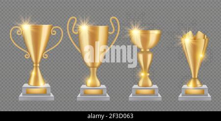 Goldtrophäe. Realistische goldene Prämienbecher Kollektion. Shine Trophäen isoliert auf transparentem Hintergrund Stock Vektor