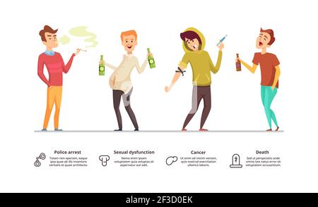 Sucht gefährlich. Gefahr von Alkoholismus, Drogen, Rauchen Illustration. Sucht männliche Vektor-Zeichen Stock Vektor