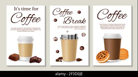 Kaffeeposter. Realistische Vektor Kaffee nehmen Cookies und Schokolade Stock Vektor