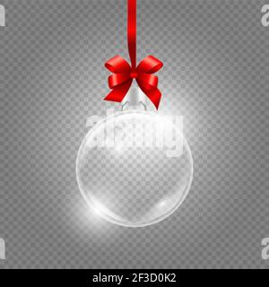 Weihnachtsspielzeug. Glaskugel mit rotem Seidenband. Realistische Vektor Glaskugel isoliert auf transparentem Hintergrund Stock Vektor