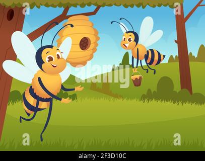 Cartoon Biene Hintergrund. Fliegende Blumen gelbe Insekten Bienenstock Wabe Bienenvolk Vektor Biene Zeichen arbeiten Stock Vektor