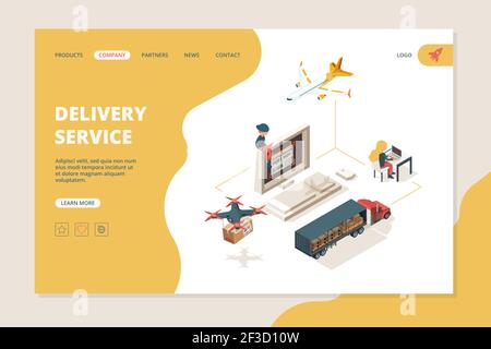 Weltweite Lieferung. Drohnen intelligente Lieferung Lager Versand Sourcing Vektor Isometrie Landing Page Layout Stock Vektor